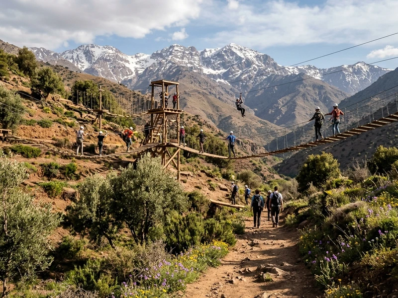 Uma expedição intensa e sem espaço para monotonia, desenhada especialmente para quem respira adrenalina e exige contato direto com a natureza bruta marroquina. Durante 3 dias cheios de ação, você atravessa os cânions vertiginosos de Terres d'Amanar em tirolesas velozes, domina as cristas acidentadas do Deserto de Agafay em quadriciclos potentes e enfrenta corredeiras de degelo no Rio Ourika. O roteiro ainda escala paredões rochosos nas Gargantas de Moulay Brahim, decola em parapente sobre os abismos do Planalto de Kik e conquista trilhas desafiadoras no Parque Nacional de Toubkal. Tudo executado com equipamentos certificados de segurança e guias de montanha experientes. 🏔️⚡